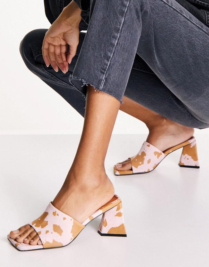 Asos Design Healing Suede Triangle Heel Mules In Cow Print-brown