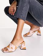 Asos Design Healing Suede Triangle Heel Mules In Cow Print-brown