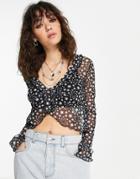Free People Marne Top With Tie Front In Star Print-black