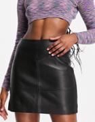 Urbancode Real Leather Mini Skirt With V Front Seam Detail In Black