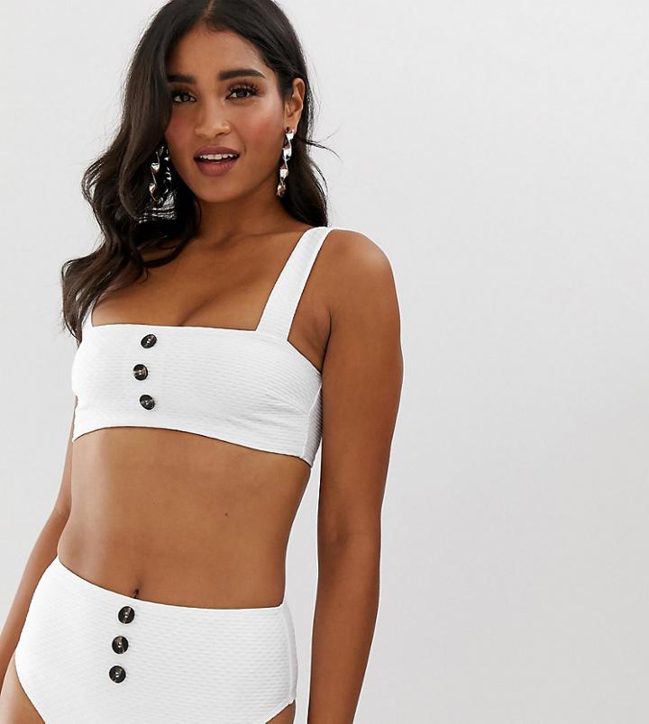 Missguided Textured Square Beck Bikini Top With Button Detail In White - White