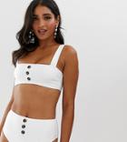Missguided Textured Square Beck Bikini Top With Button Detail In White - White