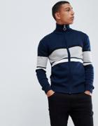 Solid Navy Zip Through Sweater With Stripe - Navy