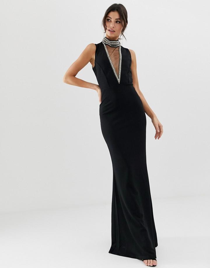 City Goddess High Neck Maxi Dress With Embellished Detail - Black