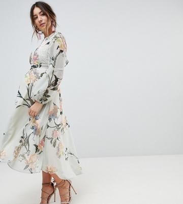Hope & Ivy Maternity Long Sleeve Printed Dress With Lace Trim And Ruffle Open Back Detail - Multi