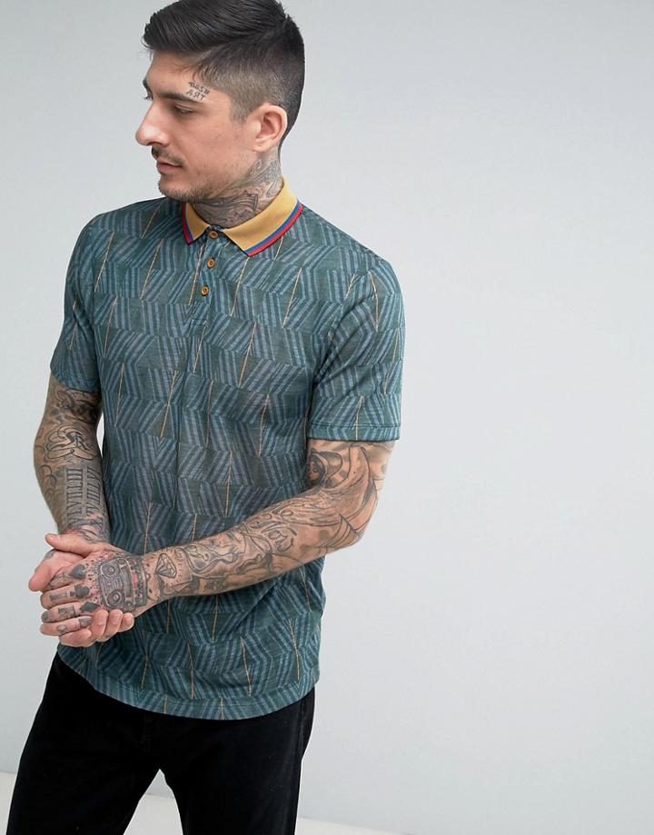 Asos Relaxed Polo Shirt With Diamond Print And Retro Collar - Green