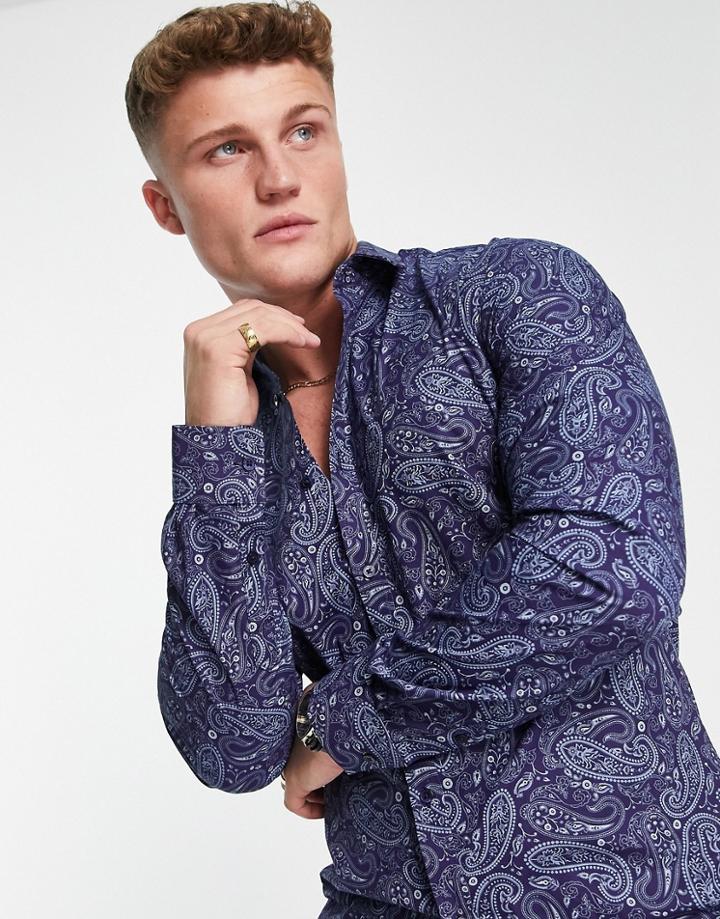 Harry Brown Paisley Print Slim Fit Shirt-navy