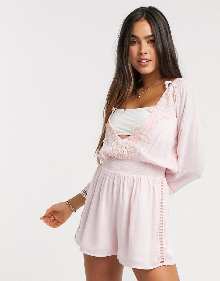 River Island Plunge Lace Trim Long Sleeve Beach Romper In Pink