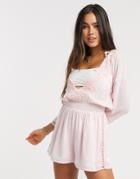 River Island Plunge Lace Trim Long Sleeve Beach Romper In Pink