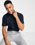French Connection Plain Stretch Short Sleeve Shirt In Navy