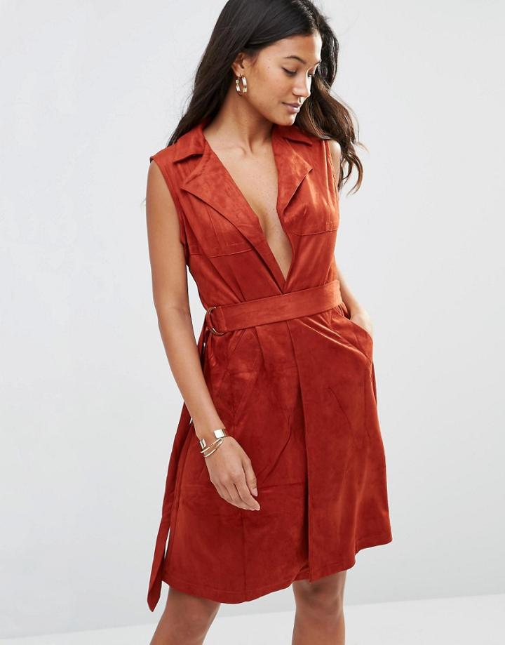 Rare Suede Sleeveless Trench Coat - Rust