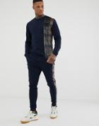 Asos Design Tracksuit Sweatshirt / Skinny Sweatpants With Check Panel And Side Stripe - Navy