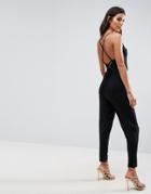 Asos Cami Wrap Jersey Jumpsuit With Strap Back Detail And Peg Leg - Black