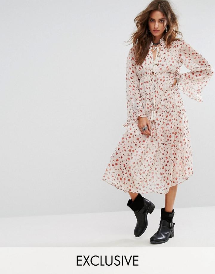 Sacred Hawk Midi Smock Dress With High Neck In Floral - White