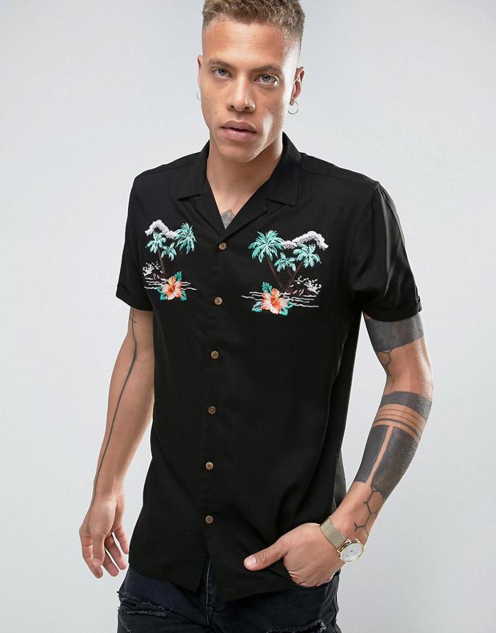 Asos Regular Fit Embroidered Shirt With Revere Collar - Black