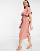 Asos Design Shirred Waist Midi Dress With Fallen Shoulder In Rose-pink
