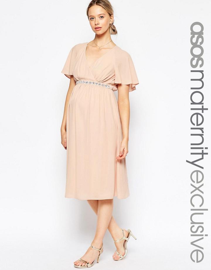 Asos Maternity Flutter Sleeve Embellished Waistband Midi Dress - Pink