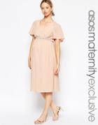 Asos Maternity Flutter Sleeve Embellished Waistband Midi Dress - Pink