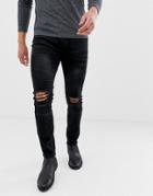 Boohooman Skinny Biker Jeans In Washed Black - Black