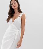Fashion Union Tall Wrap Dress With Wooden Ring Detail-white