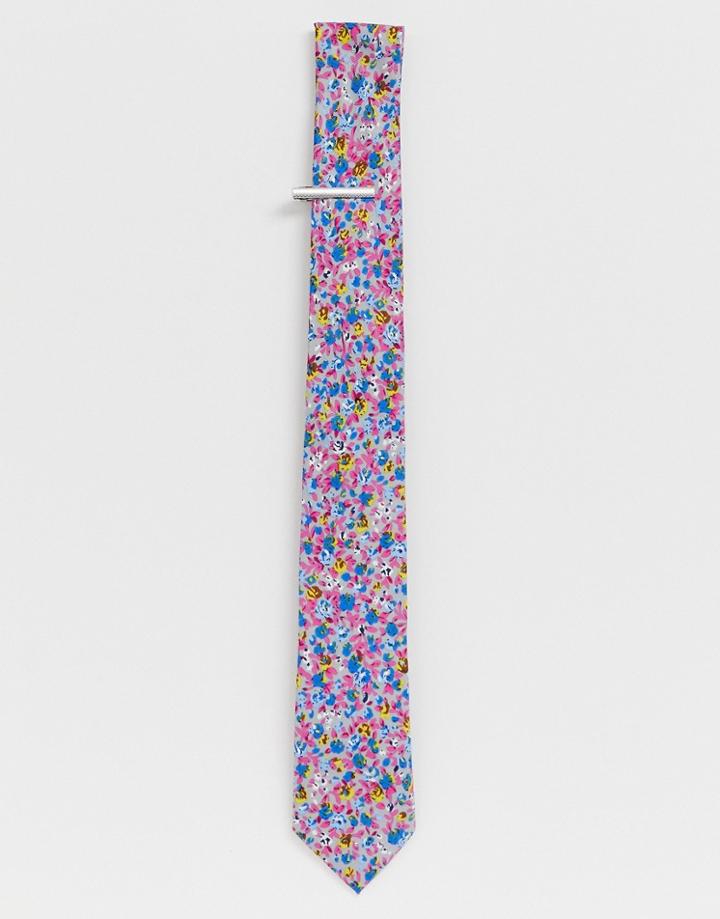 Moss London Tie With Disty Floral Print-pink