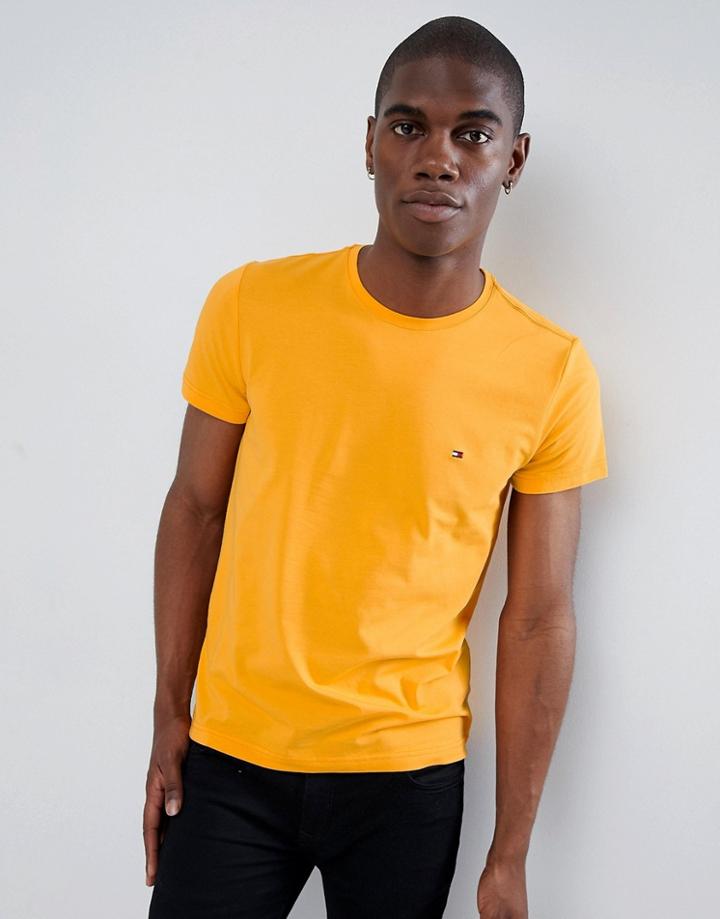 Tommy Hilfiger Stretch Slim Fit T-shirt With Flag Logo In Yellow - Yellow