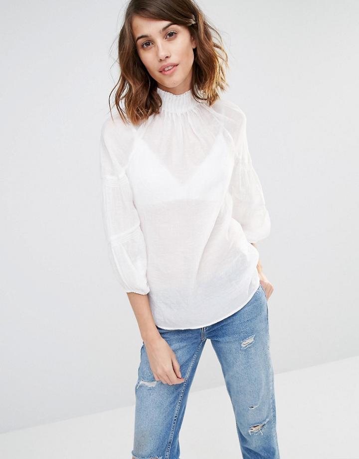 Warehouse High Neck Blouson Sleeve Top - Cream