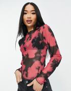 Pieces High Neck Mesh Top In Pink Splodge Print-multi