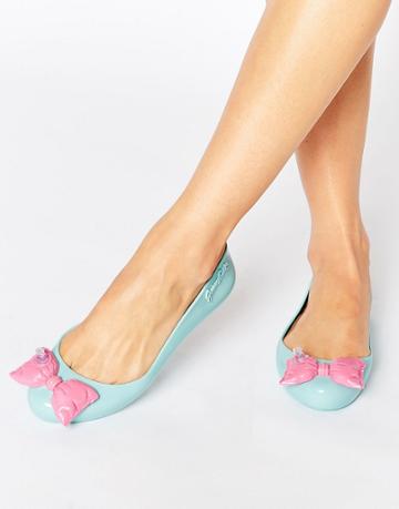 Melissa + Jeremy Scott Space Love Peppermint Contrast Bow Flat Shoes - Peppermint Bow