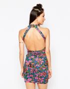 Motel Pomme Body-conscious Dress With Open Back In Fluro Flower Print - Fluro Flower