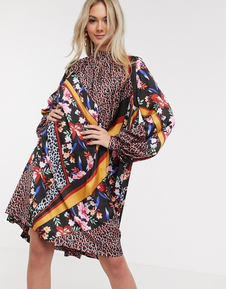 Liquorish Pleated Mini Dress In Burnt Red Print-multi