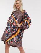 Liquorish Pleated Mini Dress In Burnt Red Print-multi