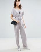 Asos Off Shoulder Jersey Jumpsuit In Slouchy Burnout - Gray