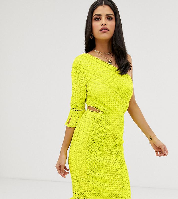 Asos Design Tall One Shoulder Midi Dress In Cutwork Lace With Fringe Hem-multi