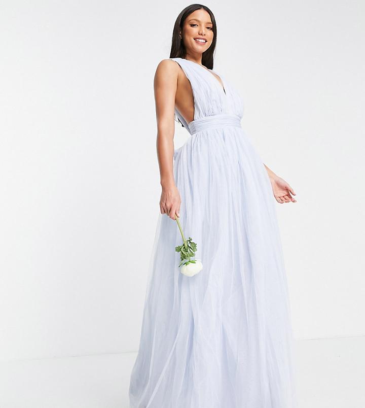 Asos Design Tall Tulle Plunge Maxi Dress With Bow Back Detail In Powder Blue-blues