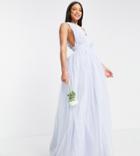 Asos Design Tall Tulle Plunge Maxi Dress With Bow Back Detail In Powder Blue-blues