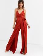 Asos Design Split Front Satin Cami Jumpsuit-red