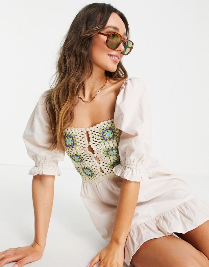 Asos Design Crochet Mini Smock Sundress In Cream-white