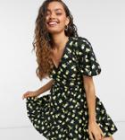 Miss Selfridge Petite Poplin Mini Dress In Black & Yellow Print-blues