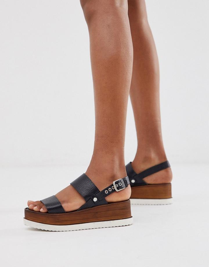 Office Mara Black Leather Wooden Flatform Mix Sandals - Black