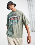 Asos Design Oversized T-shirt In Green Color Block With Grand Teton Print