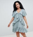 Asos Design Curve Mini Tea Dress With Cape Back Detail - Blue