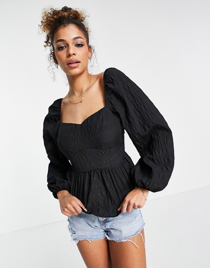 New Look Seersucker Sweetheart Blouse In Black
