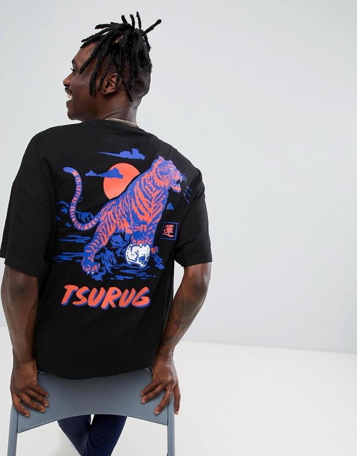 Asos Design Oversized T-shirt With Tiger Back Print - Black