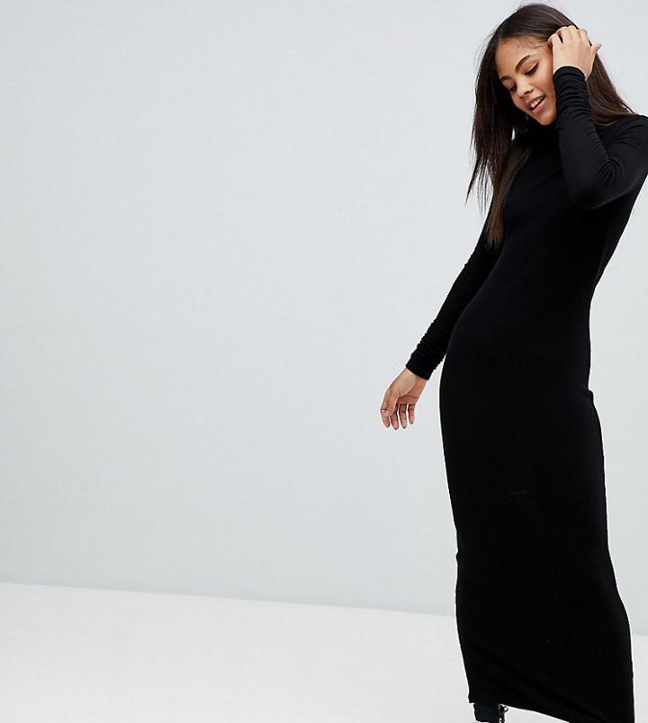 Asos Design Tall High Neck Rib Maxi Dress With Long Sleeves - Black