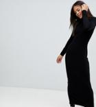 Asos Design Tall High Neck Rib Maxi Dress With Long Sleeves - Black
