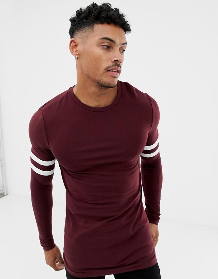Asos Design Organic Muscle Longline Long Sleeve T-shirt With Stretch And Contrast Sleeve Stripe In Burgundy - Red