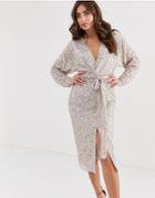 Asos Design Midi Dress With Batwing Sleeve And Wrap Waist In Scatter Sequin - Gold