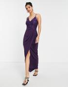 Lipsy Lace Bodice Fluted Wrap Dress In Burgundy-red