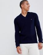 Farah Shawn Lambswool V Neck Sweater In Navy - Red